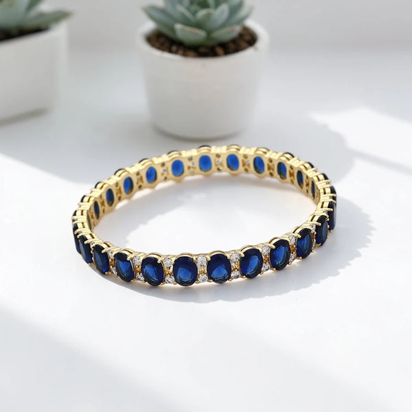 Dark Blue Stone 14K Gold Tone Statement Bangle
